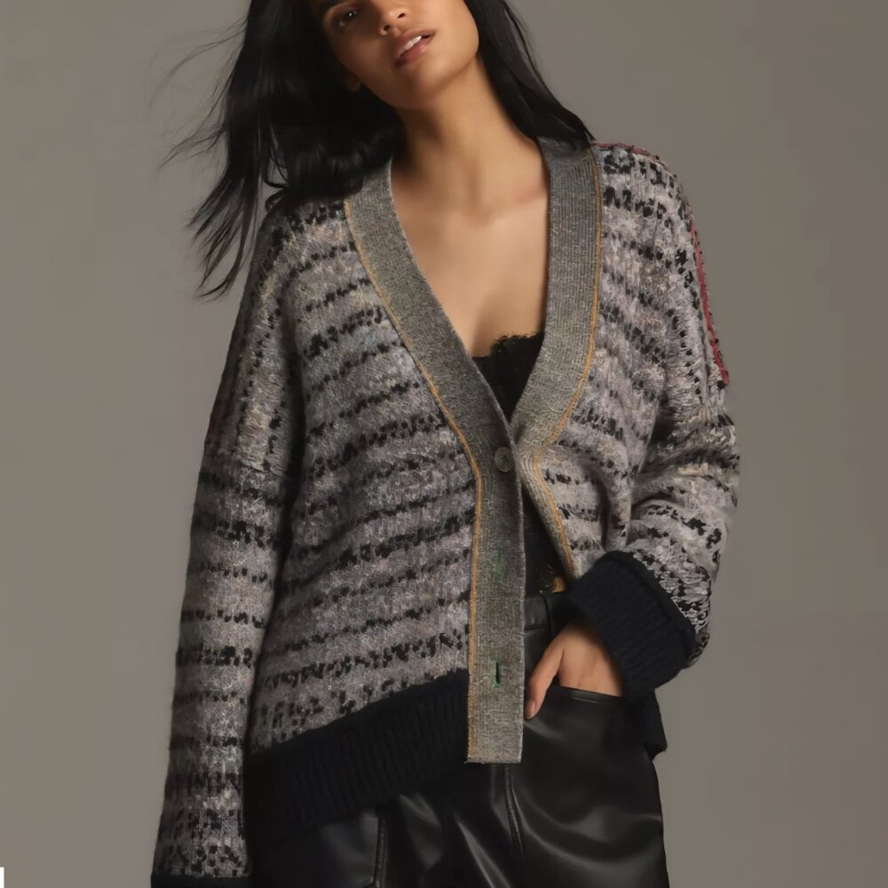 Anthropologie Pilcro Mash Up Cardigan Sweater Mixed Print 3 Button Womens Size L